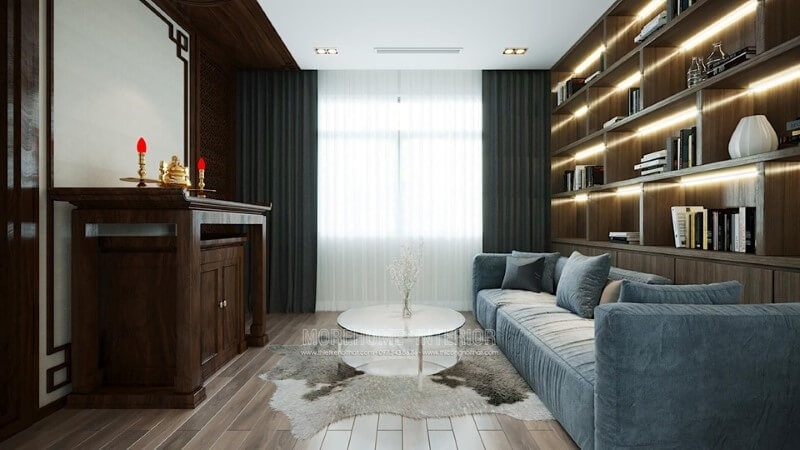 Mẫu kệ trang trí kết hợp kệ sách dài áp trần hiện đại cho biệt thựnhà phố
