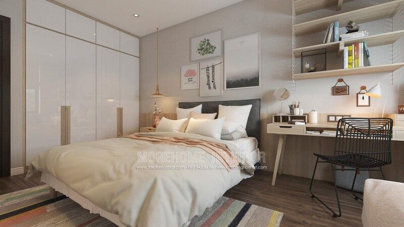 Bàn làm việc cùng kệ trang trí gỗ sồi tone sáng tạo nên góc học tập, làm việc hiện đại, trẻ trung cho phòng ngủ nữ.