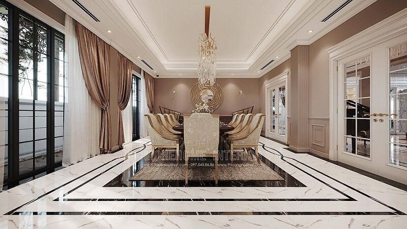 Mẫu bàn ăn gỗ tân cổ điển với tông màu vàng kim sang trọng đươc sản xuất tại MoreHome