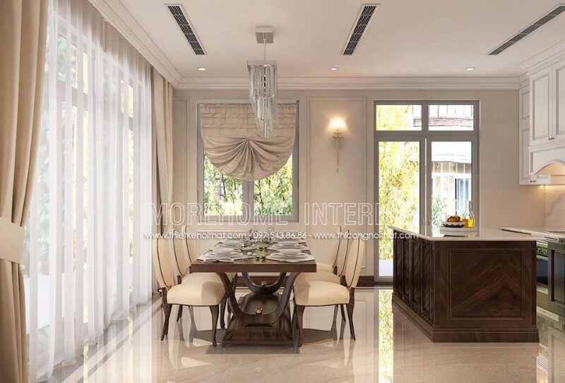 Mẫu bàn ăn biệt thự được làm từ chất liệu gỗ óc chó nhập khẩu, ghế ăn bọc đệm da cùng phần tựa lưng cao tạo cảm giác thoải mái nhất cho người ngồi