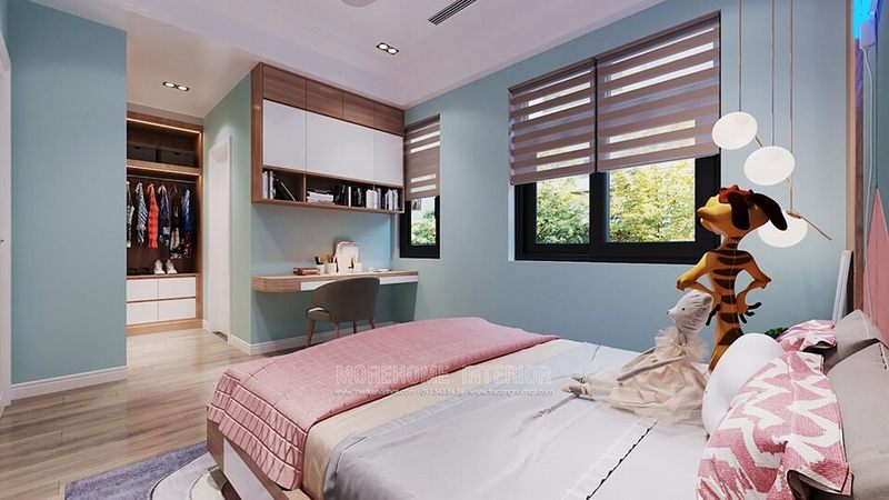 Mẫu bàn học gỗ hiện đại đẹp kèm giá sách cho phòng bé yêu