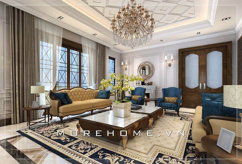 Sofa gỗ óc chó thiết kế theo phong cách tân cổ điển sang trọng với vỏ bọc da nâu kết hợp cùng sofa đơn tiện lợi là lựa chọn hoàn hảo cho phòng khách biệt thự nhà phố.