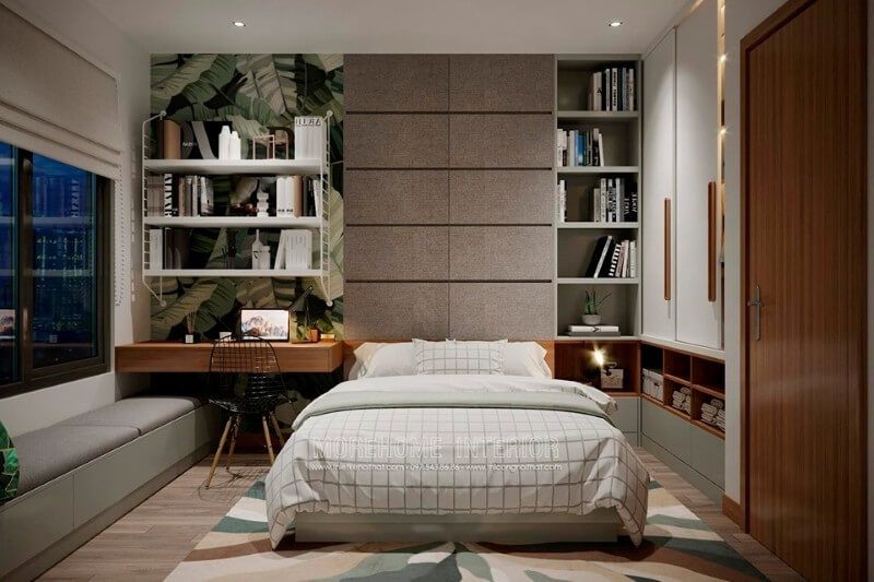 Kệ sách công nghiệp có kiểu dáng hiện đại và phù hợp với không gian phòng ngủ trẻ trung, được thiết kế bằng gỗ.